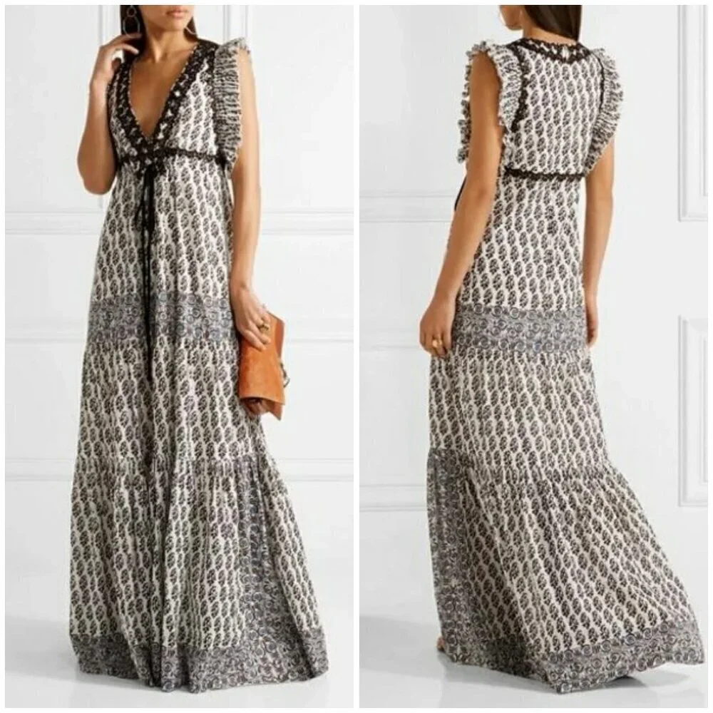 💕TORY BURCH Amita Appliquéd Printed Cotton Maxi Dress Ivory Guru Border Print 0